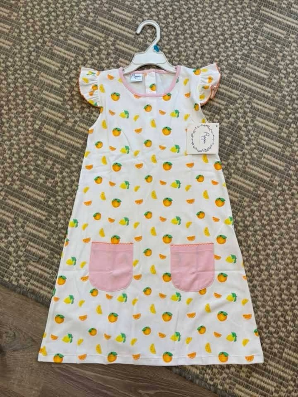 Girls' Cream Dress with Orange Fruit Print and Pink Pockets